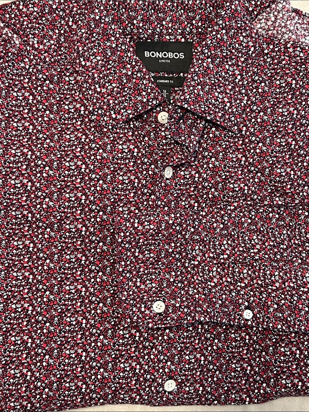 Bonobos Stretch Dress Shirt Standard Fit 16/35 Red Pink Micro Floral Button Up
